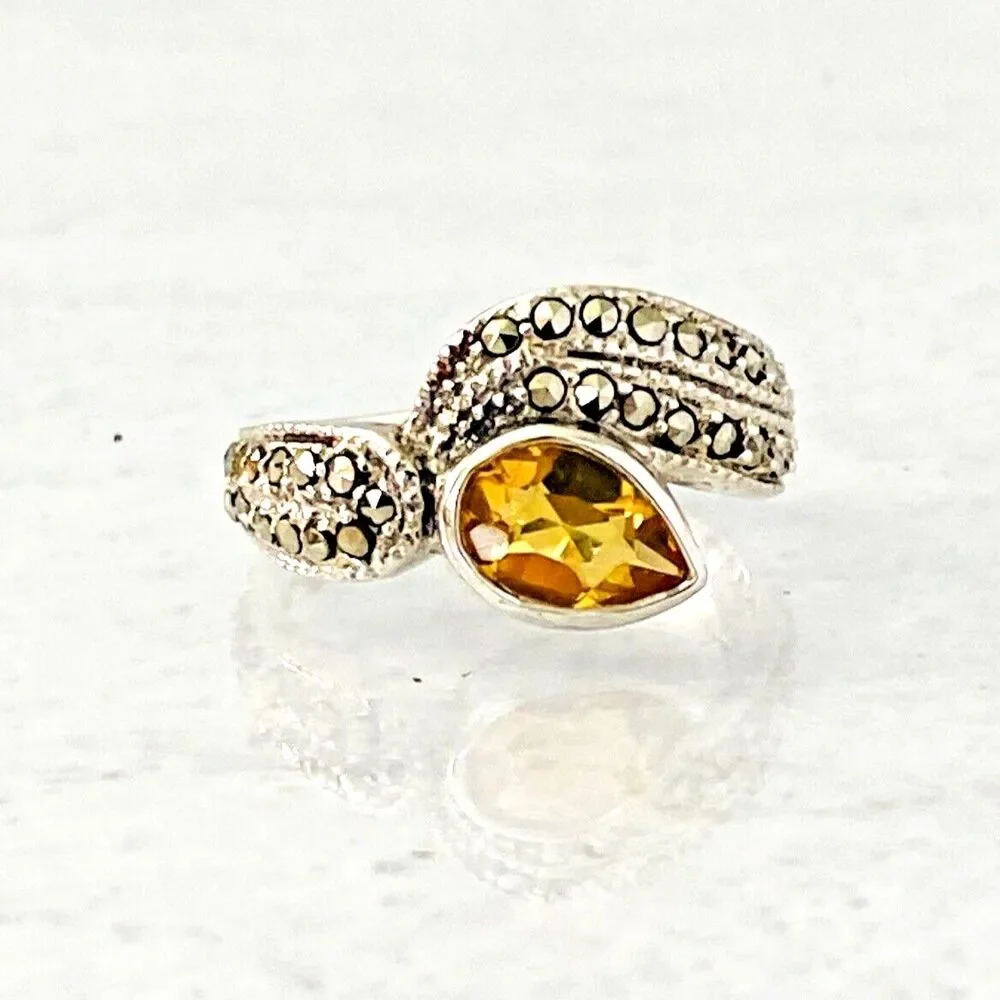 Vintage Marcasite Citrine Sterling Silver Ring Swirl Wave Pear Size 5.25